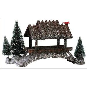 Vintage LEMAX wooden Bridge Red Cardinal Snow Covered Trees 2001